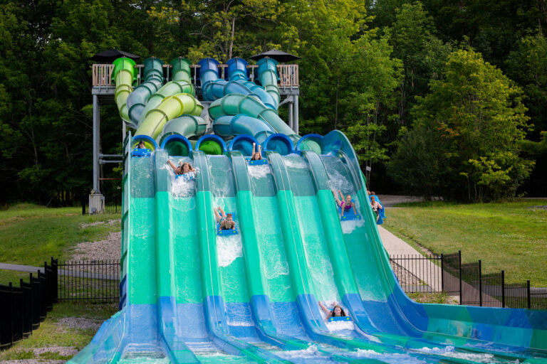 Muskoka Woods campers love sliding down the Kraken Racer, a six-lane waterslide at Muskoka Woods