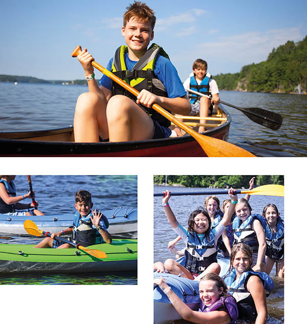 collage of kids kayaking and canoeing at Muskoka Woods